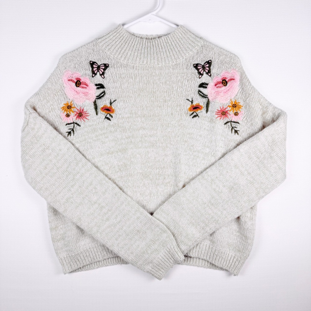 Womens Floral‎ Butterfly Embroidered Mock Neck Sweater Beige Large Cottagecore